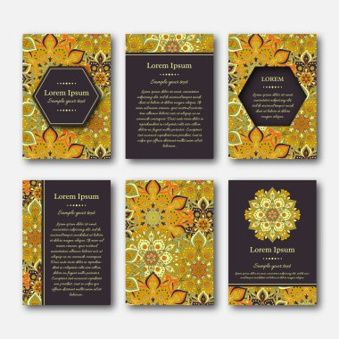 Ayarla kartları, el ilanı, broşür, şablonları ile çizilmiş mandala desen ver. Vintage oryantal tarzı. Hindistan, Asya, Arap, İslam, Osmanlı motif. Vektör çizim.