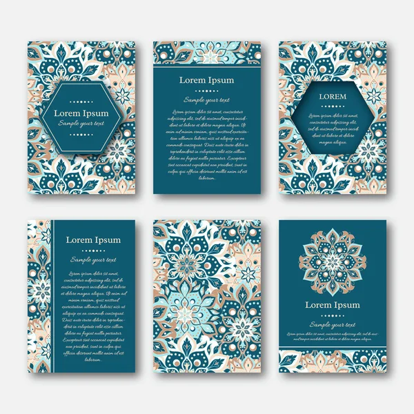 Set of cards, flyers, brochures, templates with hand drawn mandala pattern. Vintage oriental style. Indian, asian, arabic, islamic, ottoman motif. Vector illustration. — Stock Vector