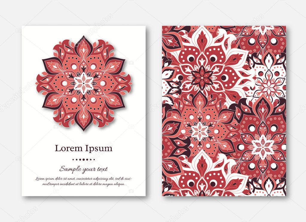 Set of cards, flyers, brochures, templates with hand drawn mandala pattern. Vintage oriental style. Indian, asian, arabic, islamic, ottoman motif. Vector illustration.