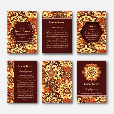 Ayarla kartları, el ilanı, broşür, şablonları ile çizilmiş mandala desen ver. Vintage oryantal tarzı. Hindistan, Asya, Arap, İslam, Osmanlı motif. Vektör çizim.