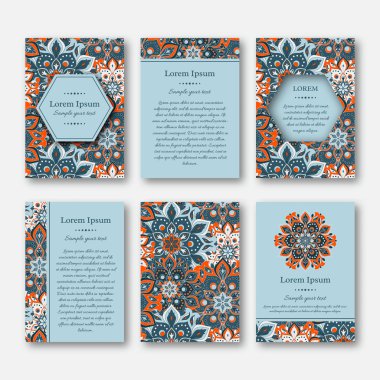 Ayarla kartları, el ilanı, broşür, şablonları ile çizilmiş mandala desen ver. Vintage oryantal tarzı. Hindistan, Asya, Arap, İslam, Osmanlı motif. Vektör çizim.