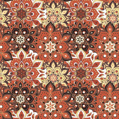 Kusursuz el çizimi mandala deseni. Doğu tarzında klasik elementler. Duvar kağıtları, arka planlar ve sayfa dolumu için doku. İslam, Arap, Hintli, Türk, sedir, Asya motifleri. Vektör illüstrasyonu.