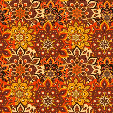 Kusursuz el çizimi mandala deseni. Doğu tarzında klasik elementler. Duvar kağıtları, arka planlar ve sayfa dolumu için doku. İslam, Arap, Hintli, Türk, sedir, Asya motifleri. Vektör illüstrasyonu.