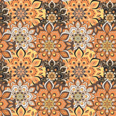 Kusursuz el çizimi mandala deseni. Doğu tarzında klasik elementler. Duvar kağıtları, arka planlar ve sayfa dolumu için doku. İslam, Arap, Hintli, Türk, sedir, Asya motifleri. Vektör illüstrasyonu.