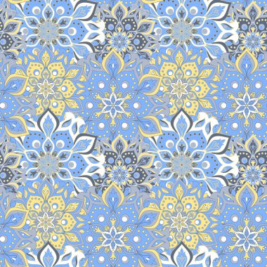 Kusursuz el çizimi mandala deseni. Doğu tarzında klasik elementler. Duvar kağıtları, arka planlar ve sayfa dolumu için doku. İslam, Arap, Hintli, Türk, sedir, Asya motifleri. Vektör illüstrasyonu.