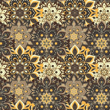 Kusursuz el çizimi mandala deseni. Doğu tarzında klasik elementler. Duvar kağıtları, arka planlar ve sayfa dolumu için doku. İslam, Arap, Hintli, Türk, sedir, Asya motifleri. Vektör illüstrasyonu.