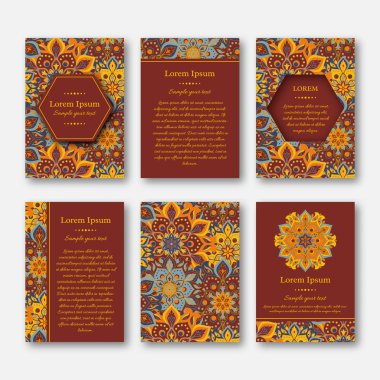 Ayarla kartları, el ilanı, broşür, şablonları ile çizilmiş mandala desen ver. Vintage oryantal tarzı. Hindistan, Asya, Arap, İslam, Osmanlı motif. Vektör çizim.