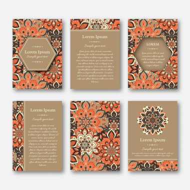 Ayarla kartları, el ilanı, broşür, şablonları ile çizilmiş mandala desen ver. Vintage oryantal tarzı. Hindistan, Asya, Arap, İslam, Osmanlı motif. Vektör çizim.