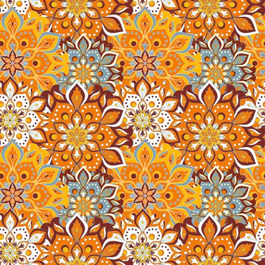 Kusursuz el çizimi mandala deseni. Doğu tarzında klasik elementler. Duvar kağıtları, arka planlar ve sayfa dolumu için doku. İslam, Arap, Hintli, Türk, sedir, Asya motifleri. Vektör illüstrasyonu.