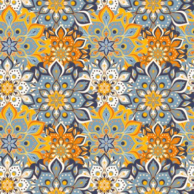 Kusursuz el çizimi mandala deseni. Doğu tarzında klasik elementler. Duvar kağıtları, arka planlar ve sayfa dolumu için doku. İslam, Arap, Hintli, Türk, sedir, Asya motifleri. Vektör illüstrasyonu.