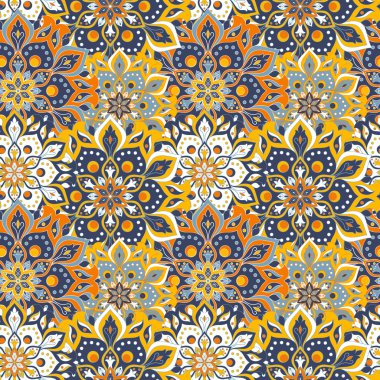 Kusursuz el çizimi mandala deseni. Doğu tarzında klasik elementler. Duvar kağıtları, arka planlar ve sayfa dolumu için doku. İslam, Arap, Hintli, Türk, sedir, Asya motifleri. Vektör illüstrasyonu.