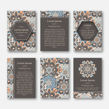 Ayarla kartları, el ilanı, broşür, şablonları ile çizilmiş mandala desen ver. Vintage oryantal tarzı. Hindistan, Asya, Arap, İslam, Osmanlı motif. Vektör çizim.