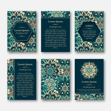 Ayarla kartları, el ilanı, broşür, şablonları ile çizilmiş mandala desen ver. Vintage oryantal tarzı. Hindistan, Asya, Arap, İslam, Osmanlı motif. Vektör çizim.