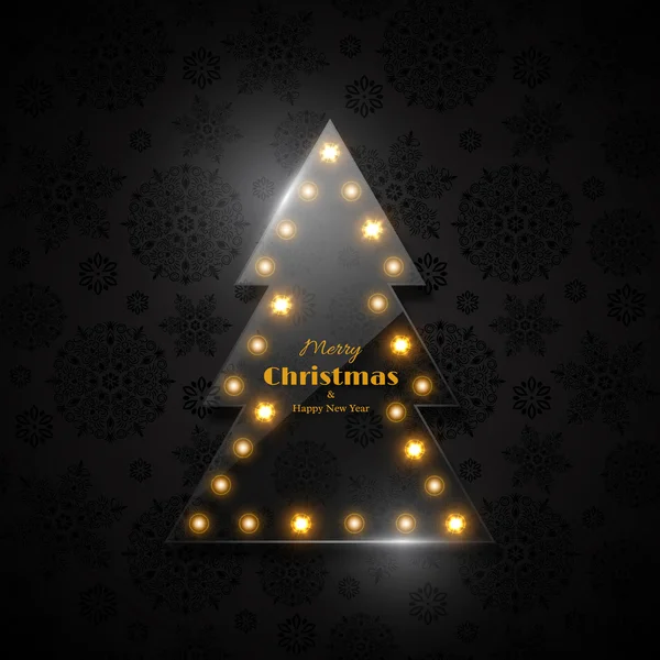 Átlátszó üveg karácsonyfa izzó fény, fekete háttér, Hópehely minta. Kellemes karácsonyi ünnepeket és boldog új évet szöveg. Vektoros illusztráció — Stock Vector