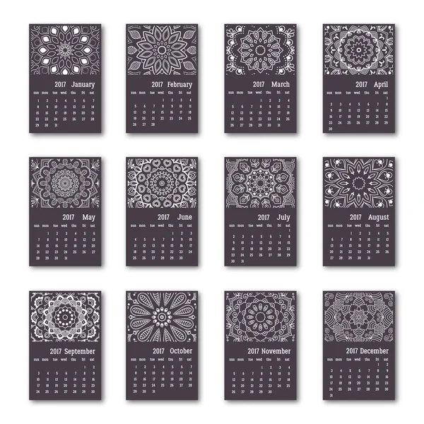 Calendar 2017 start sunday with hand drawn mandala. Vintage oriental style, black and white colors. Vector illustration. — Stock Vector