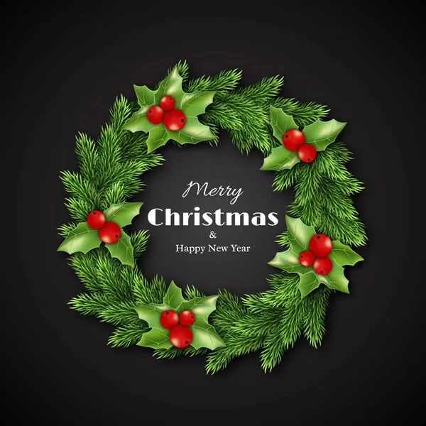 Corona de Navidad con acebo. Feliz Navidad y feliz año nuevo texto, fondo negro. Ilustración vectorial . — Vector de stock