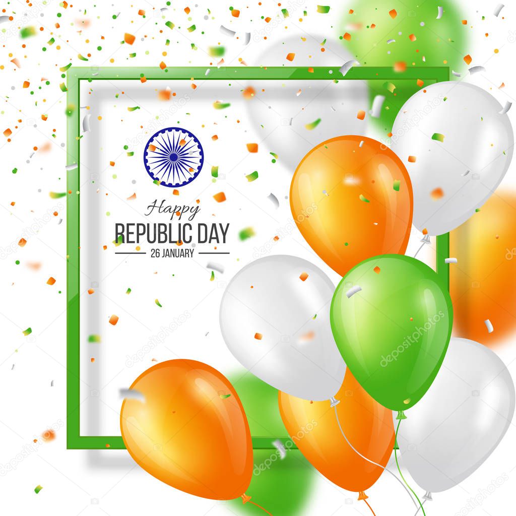 Happy Indian Republic day celebration poster or banner background, card. Three color balloons with confetti. Vector illustration.