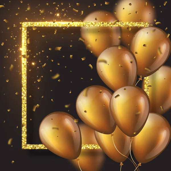 Balones dorados brillantes 3D con marco y confeti . — Archivo Imágenes Vectoriales