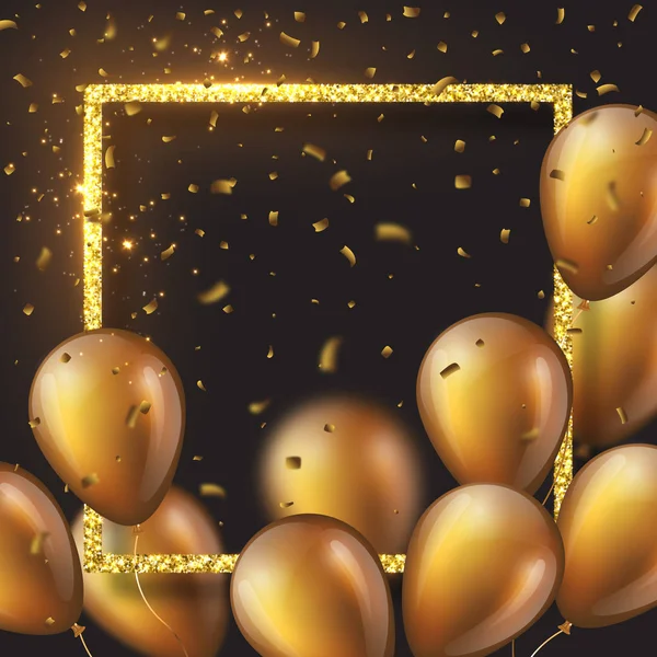 3D-glanzende gouden ballonnen met frame en confetti. — Stockvector