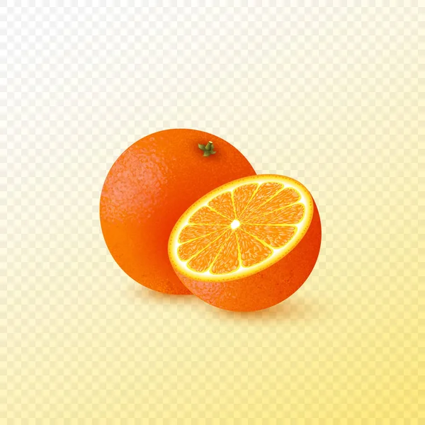 Meio corte realista e laranja inteira . —  Vetores de Stock