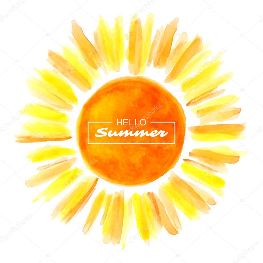 Hand drawn watercolor sun. White background. Vector illustration.