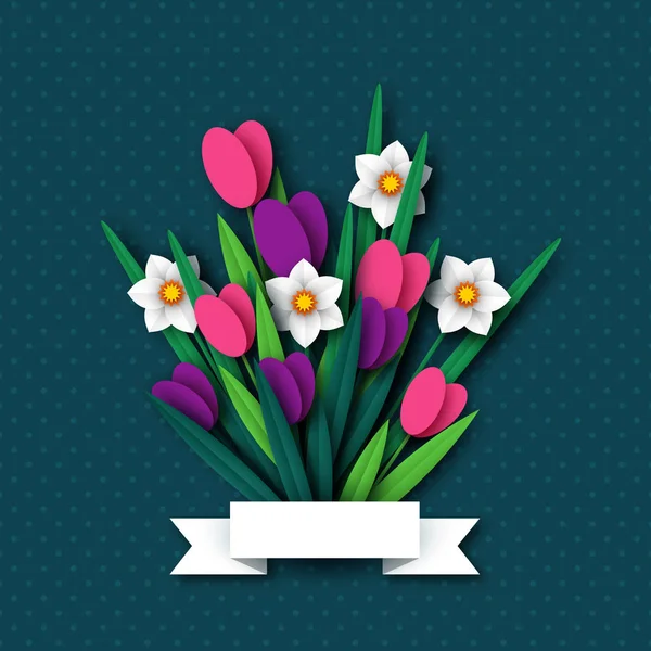 Bahar çiçek Lale ve Nergis kağıt kesme. — Stok Vektör