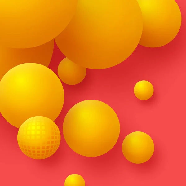 3d yellow balls on the red background. Abstract floating spheres ...