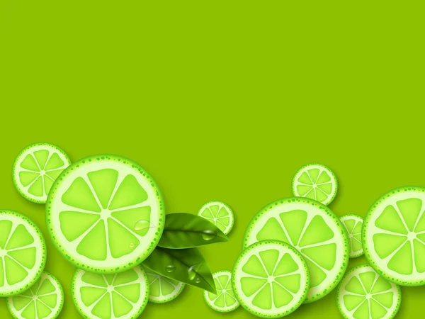 Lime green background. Sliced limes pieces with leaves and water drop. Vector illustration. — Stock Vector