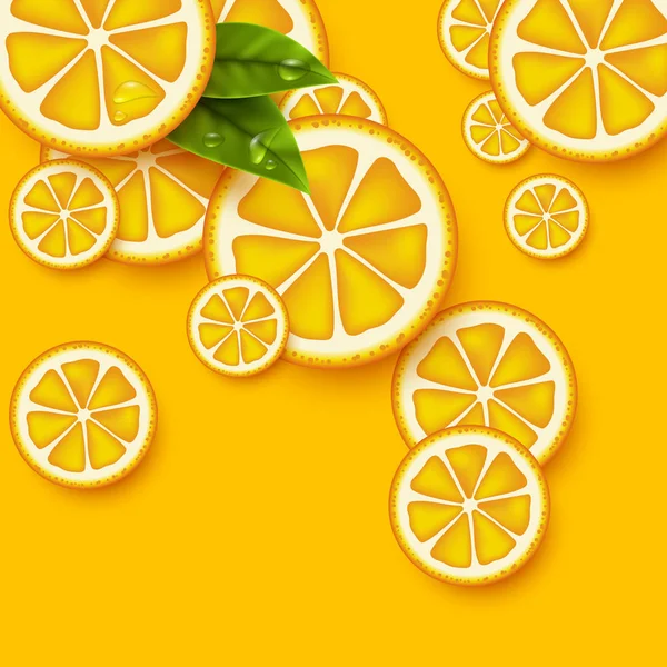 Φόντο πορτοκαλί φρούτα. Φέτες πορτοκαλιού κομμάτια με φύλλα και σταγόνα νερό. Εικονογράφηση διάνυσμα. — Διανυσματικό Αρχείο