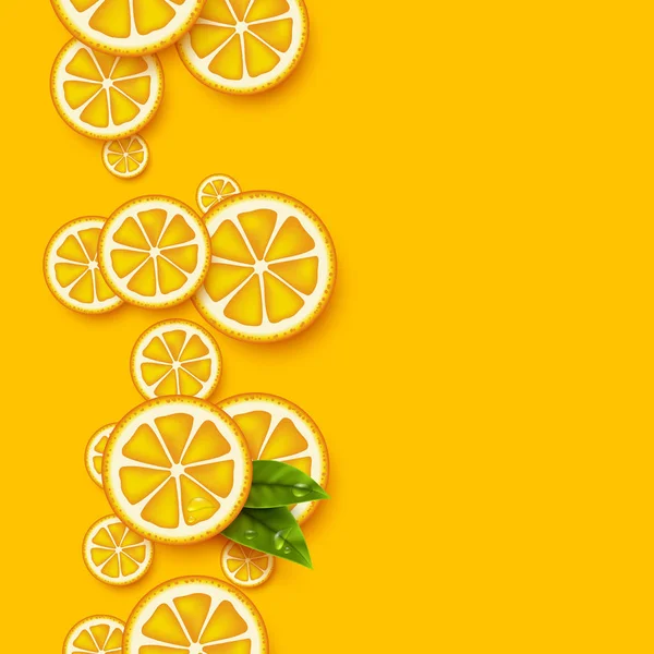 Orangenfrüchte Hintergrund. Orangenstücke mit Blättern und Wassertropfen in Scheiben schneiden. Vektorillustration. — Stockvektor