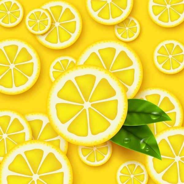 Sfondo giallo limone. Pezzi di limoni affettati con foglie e goccia d'acqua. Illustrazione vettoriale . — Vettoriale Stock