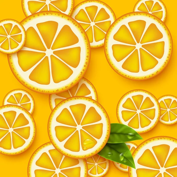 Fondo de frutas naranjas. Trozos de naranja en rodajas con hojas y gota de agua. Ilustración vectorial . — Archivo Imágenes Vectoriales