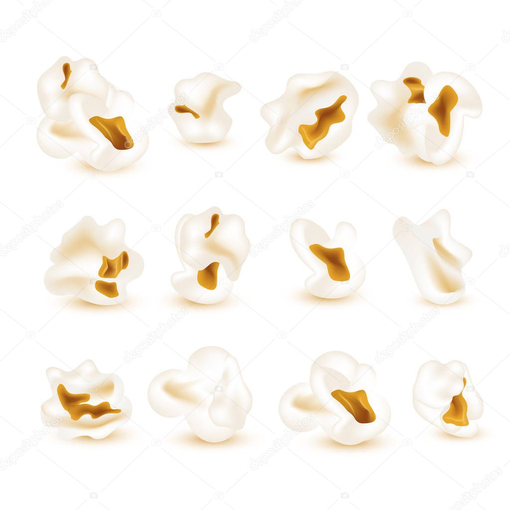 Realistic popcorn set. Isolated on white background. Elements for cinema, food, movie design. Vector illustration.