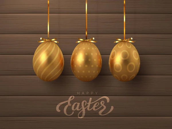 Szczęśliwy sztandar Wielkanocny z wiszącymi złotymi jajkami. — Wektor stockowy