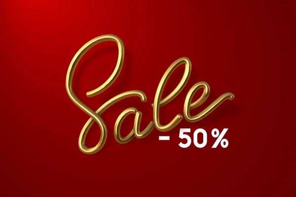 Realistic Sale Sign Handwritten Calligraphy Red Background Golden Metallic Sale — Stock Vector