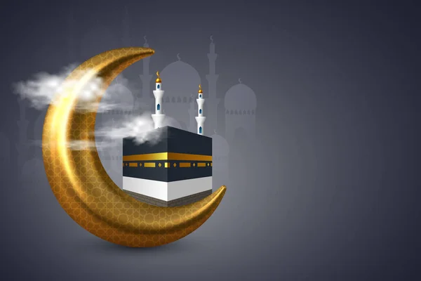 Heilige Kaaba mit Moschee und Halbmond in den Wolken. — Stockvektor