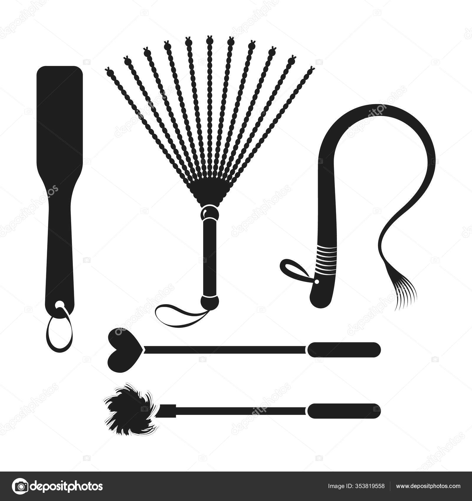 Bdsm Devices Spanking Paddle Flogger Whip Stack Tickler Isolated Vector ...