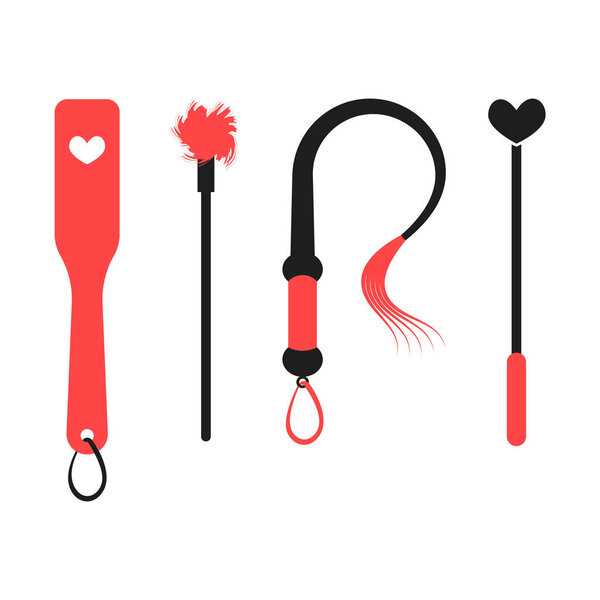 BDSM devices for spanking: paddle, flogger, whip, stack, tickler. Isolated vector illustration