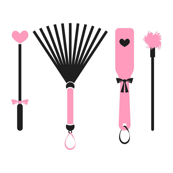 BDSM devices for spanking: paddle, flogger, whip, stack, tickler. Isolated vector illustration