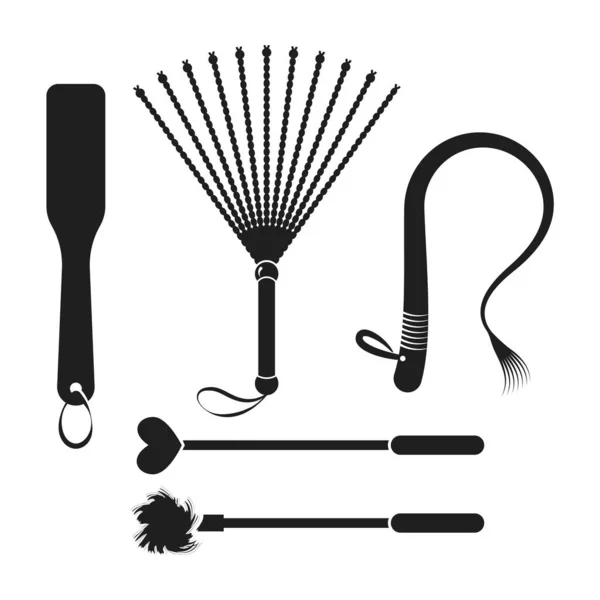 Bdsm Devices Spanking Paddle Flogger Whip Stack Tickler Isolated Vector — Stock Vector