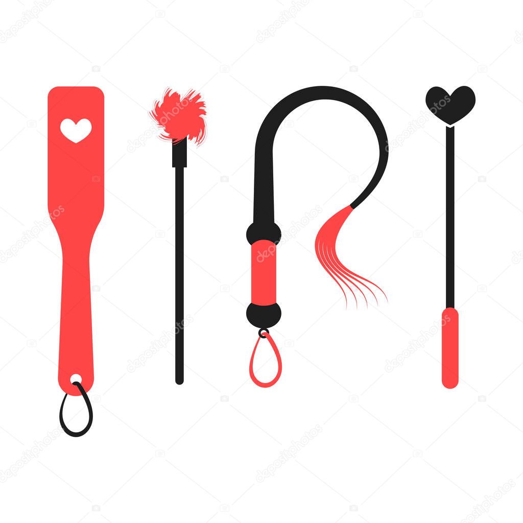 BDSM devices for spanking: paddle, flogger, whip, stack, tickler. Isolated vector illustration