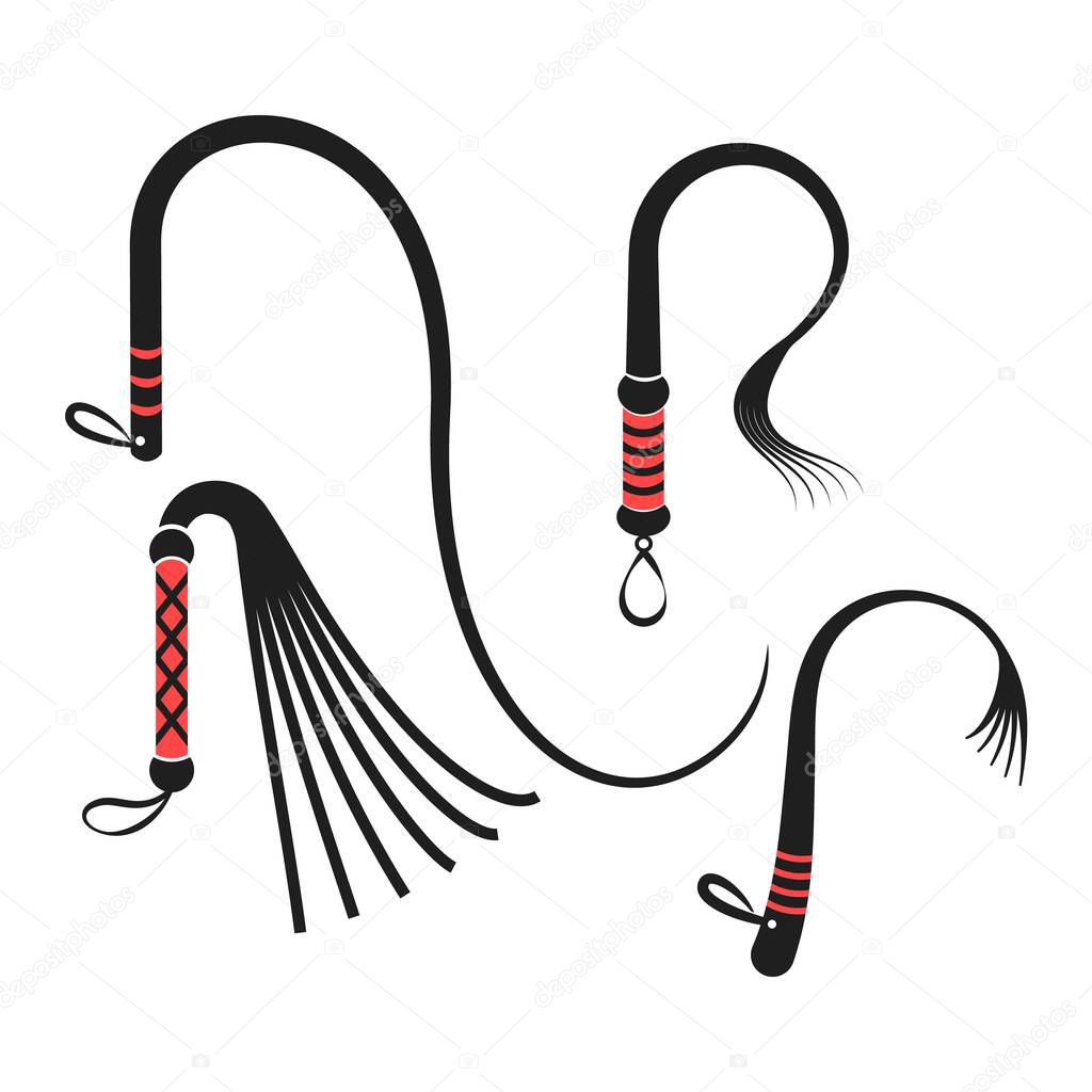 BDSM devices for spanking: flogger, whip. Isolated vector illustration