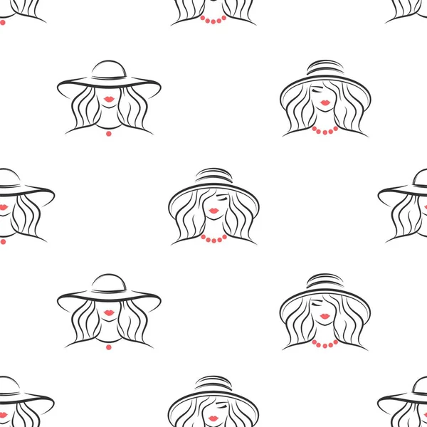 Cabezas Femeninas Sombreros Retro Sobre Fondo Blanco Vector Patrón Sin — Vector de stock