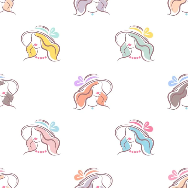 Têtes Féminines Avec Des Cheveux Colorés Dans Des Chapeaux Rétro — Image vectorielle