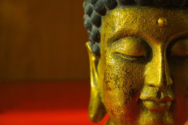 Kopya alanı koyu kırmızı zemin üzerine altın Buddha sakin yüz