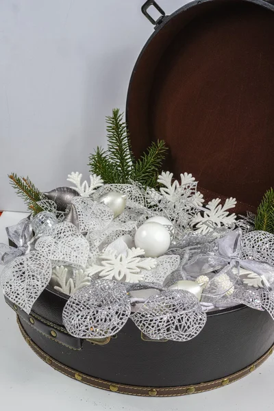 Vintage brown coffer with white christmas tree decoration — Stock Photo, Image