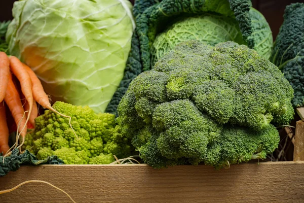 Green and orange fresh vegetables in wooden box, harvest Stock Photo