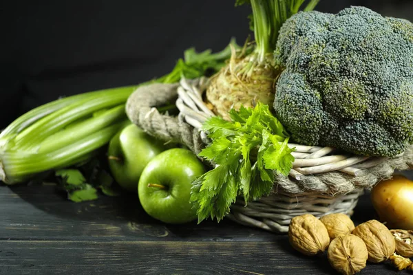 Green vegetables and fruits -  celery, apples, celery root celery