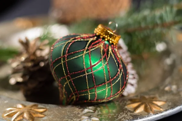 Handmade green english ornament ball for christmas tree — Stock Photo, Image
