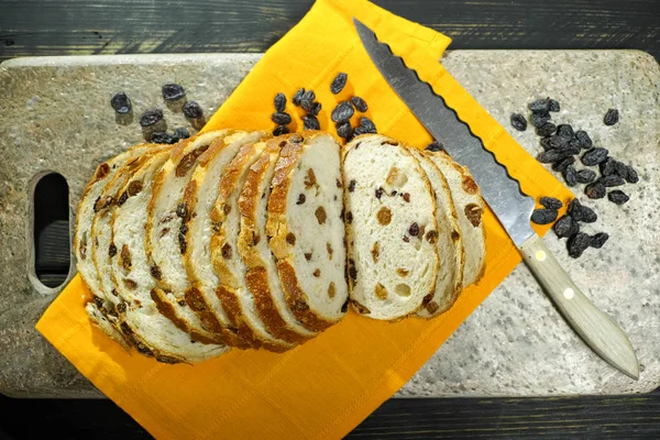 Fresh Baked Raisins Bread Sliced Granite Board — Stock Photo, Image